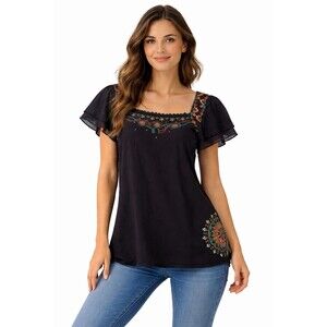 Adobe Star Women’s Tunic Black Boho Blouse L Embroidered Floral Flutter Sleeve